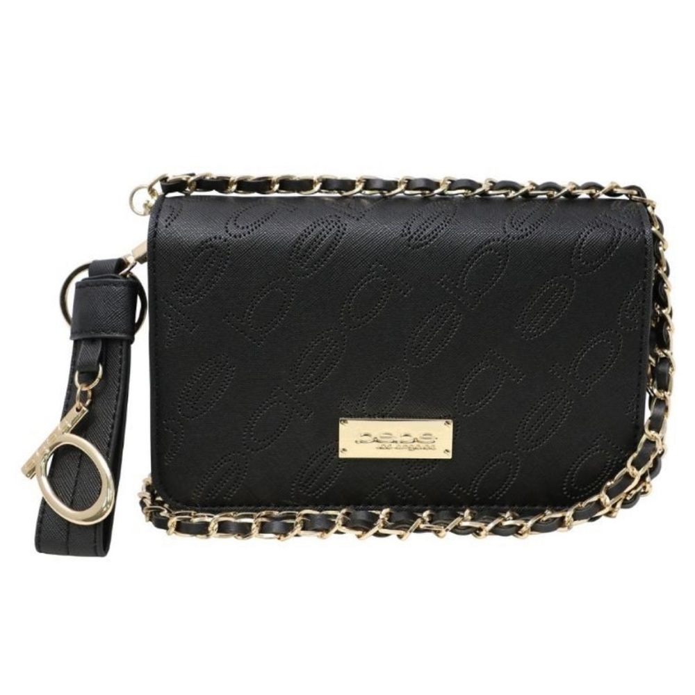 Bebe Nayeli Black Saffiano Perforated Logo Classic Mini Crossbody Chain Purse